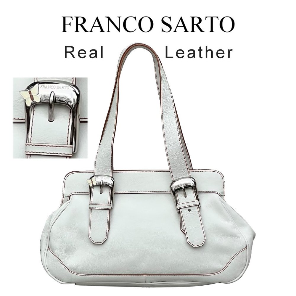 Franco Sarto White Leather Shoulder Bag with Buckle Accents